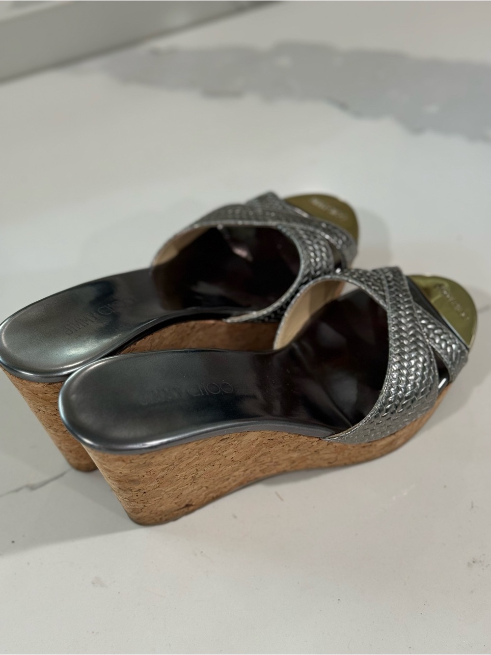 Jimmy Choo Silver Metallic Braided Cork Wedge Slides